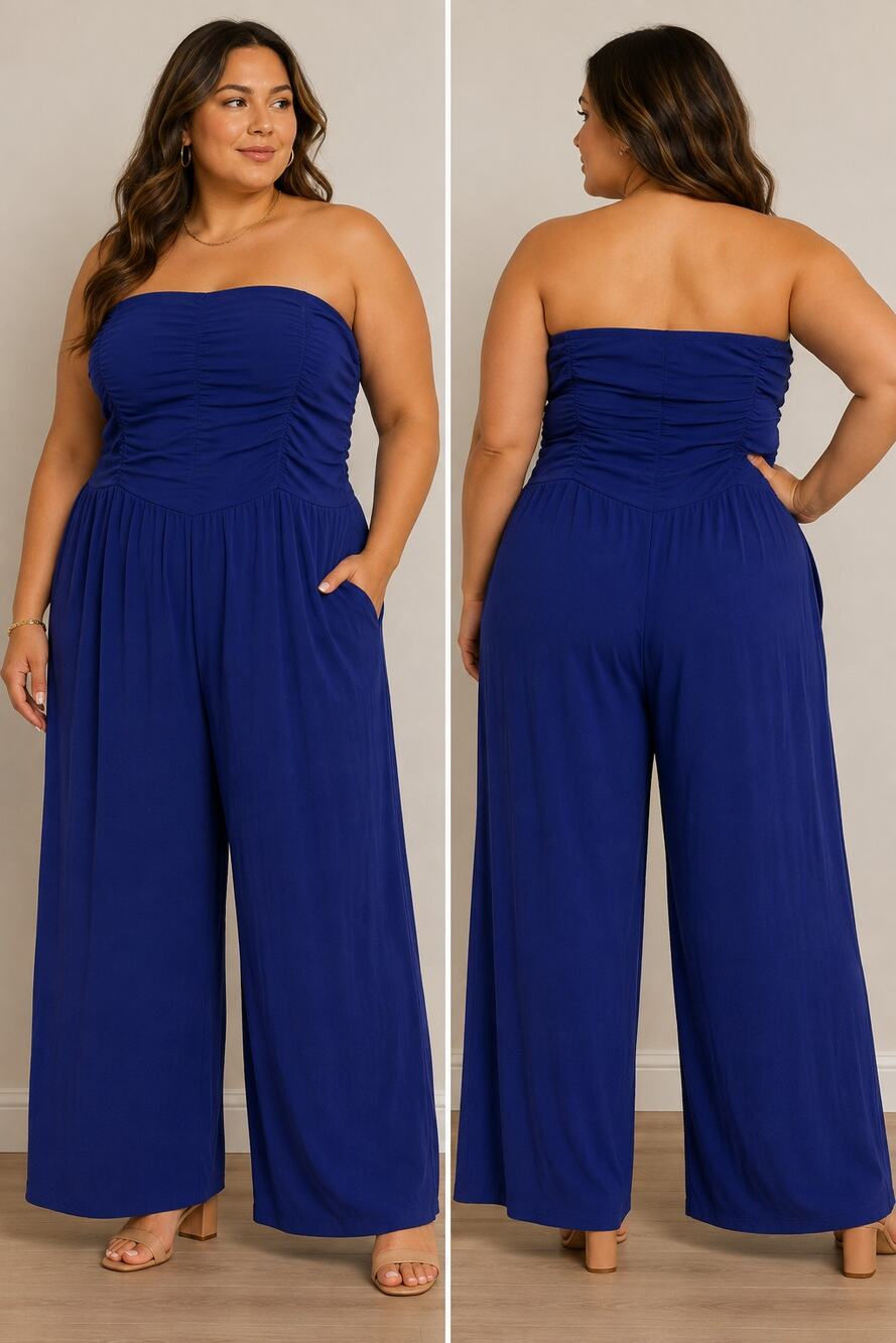 Ava & Viv Blue Strapless Ruched Wide Leg Jumpsuit Plus Size